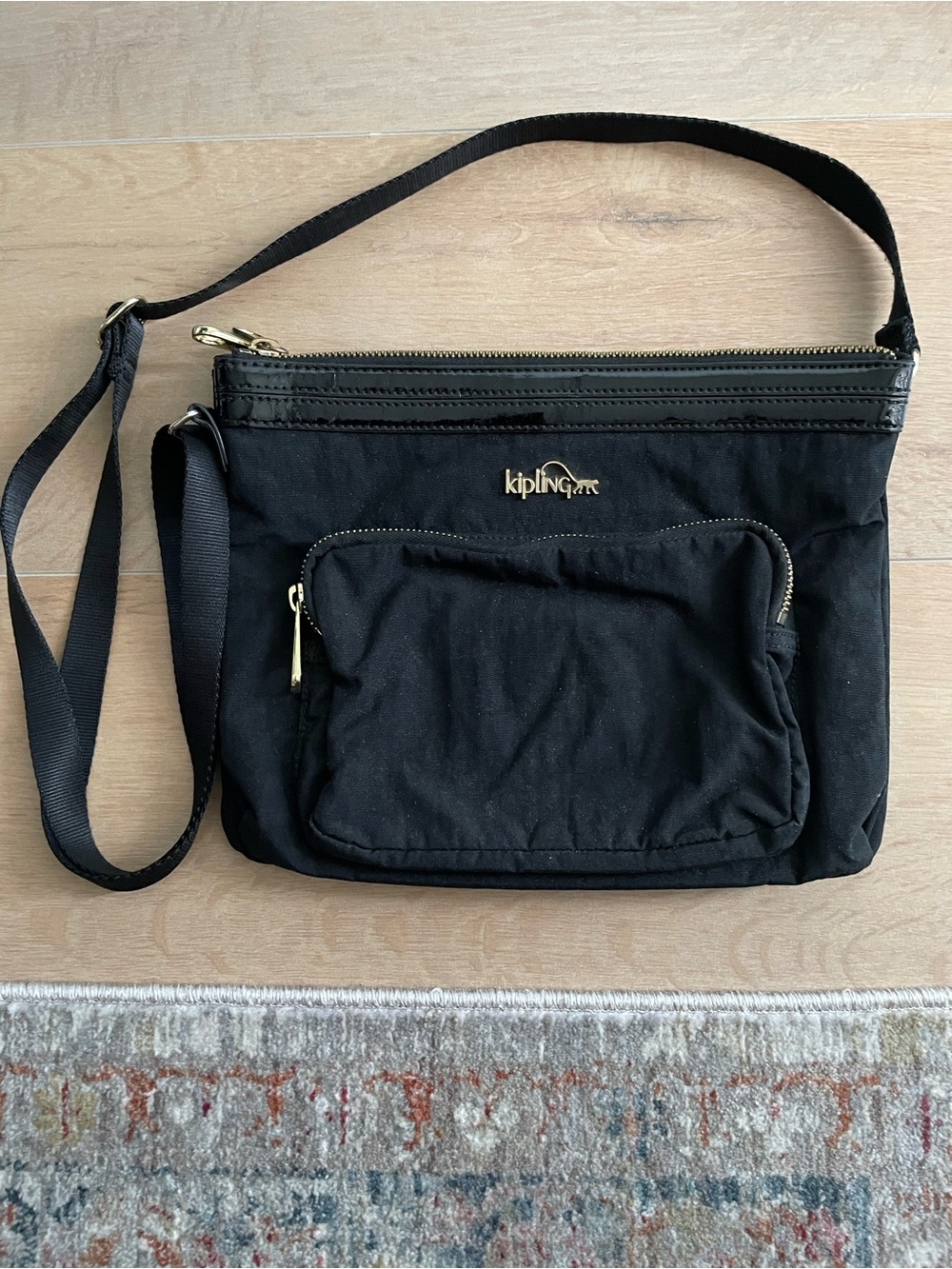 KIPLING April Crossbody Bag - Black and Patent Leather Trim & Gold Tone Hardware